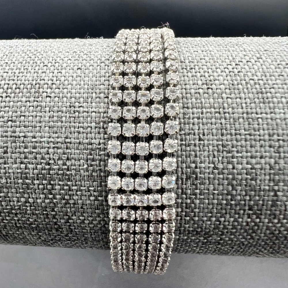5-Row Rhinestone Tennis Bracelet 6.5" Silver EXC